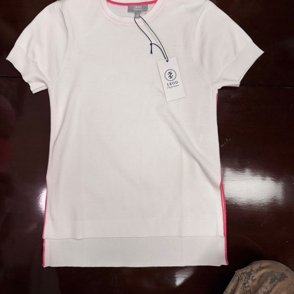 IZOD Performance Skylar SS Crew Sweater Bright White Pink Trim NWT Small